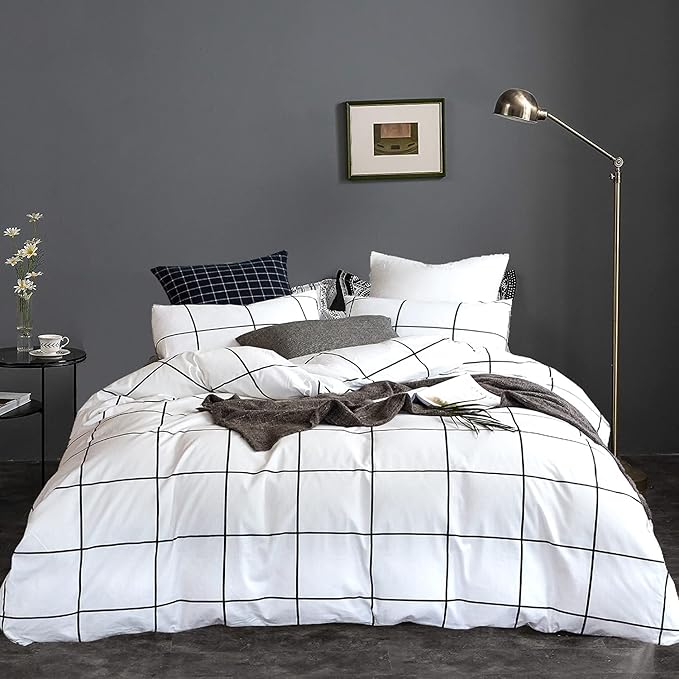 White Grid Comforter White Plaid Bedding Set Twin White with Black Line Stripes Boys Checkered Comforters Bedding Set Girls White Grid Comforter Set Twin