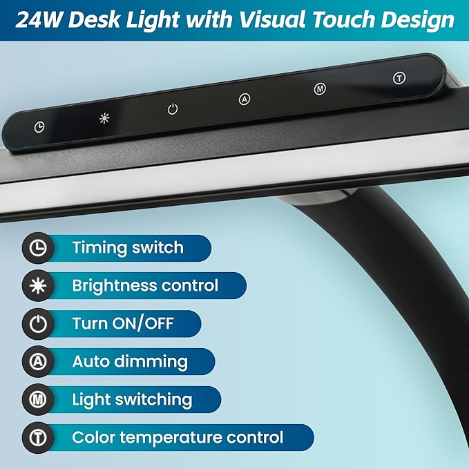 Desk Lamp, Stepless Dimming Desk Lamp with Clamp Flexible Gooseneck Desk Lamps for Home Office Eye Caring Desk Light Modern 24W Office Light for Sewing Studying Working Drawing
