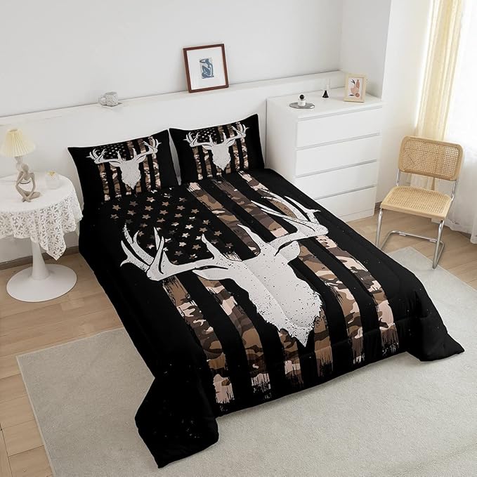 Erosebridal Brown Camo Deer Bedding Comforter Sets, American Flag Comforter Set Queen Size for Boys Teens, Western Farmhouse Antlers Bedding Retro Camouflage Geometry Striped Quilt 3 Pcs