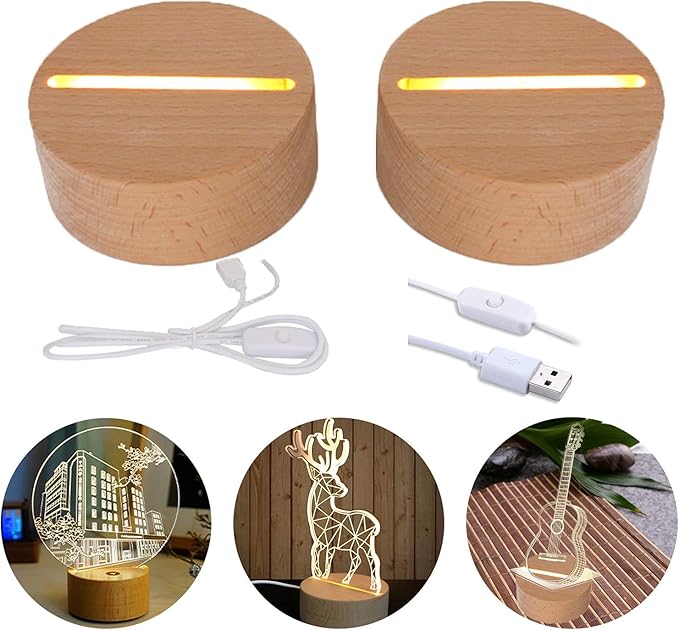 2Pcs 4" Round Wood LED Display Base, Warm Color Wooden Lighted Base Stand for Crystal Glass Resin Art, Acrylic and Plexiglass