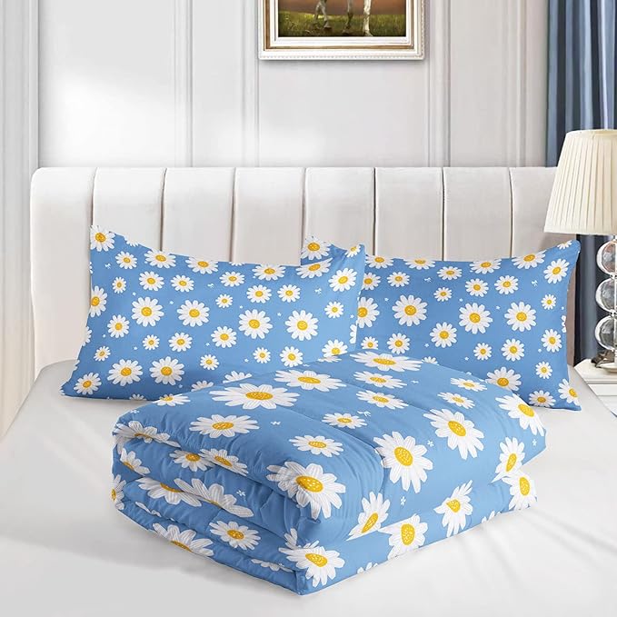 Datura home Flower Comforter Set Blue Daisy Floral Printed Pattern Quilt Bedding with 1 and 2 Pillowcases for Girls Women Bedroom All Season(Blue Twin) Twin 68x86inches