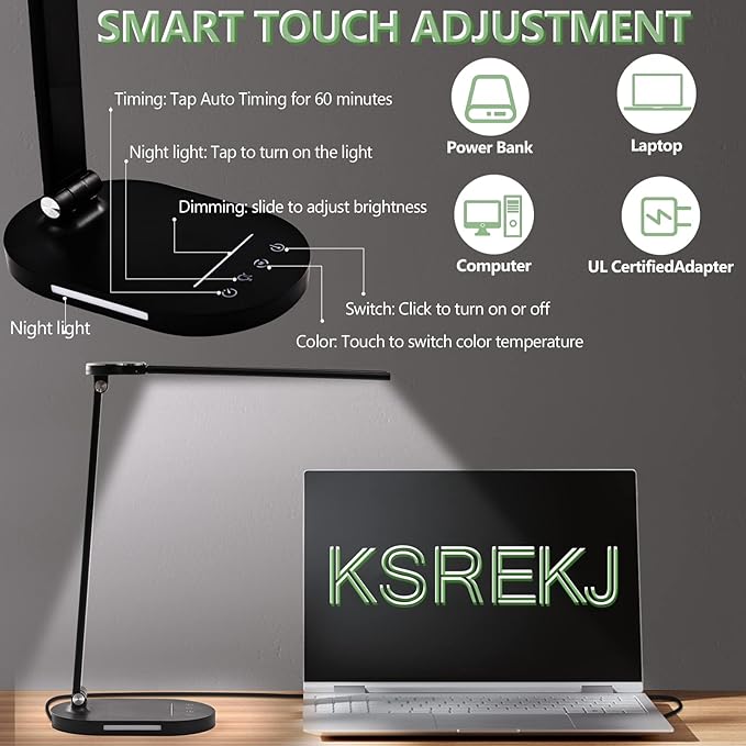 Desk Lights for Home Office - LED Desk Lamp with Night Light, Office Desk Lamp with Memory Function, 5CCT Brightest Workbench Office Lighting, Dimmable Modern Desk Lamp for Monitor Studio Reading