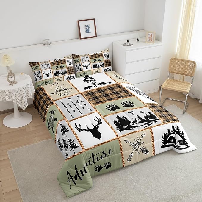 Camper Adventure Kids Comforter Set Full Size,Deer Antlers Bear Paws Farmhouse Bedding Set for Boys Girls Adults Room Decor,Arrows Plaids Patchwork Down Comforter,Rustic Duvet Insert,2 Pillowcases