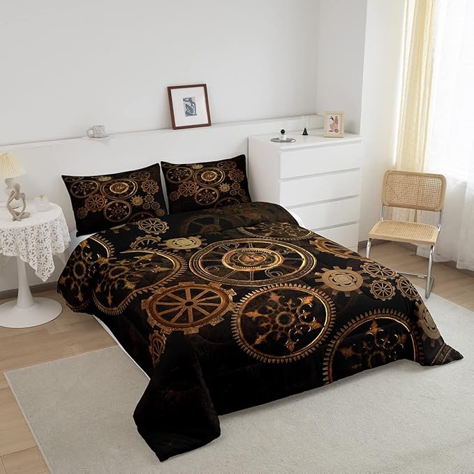 Golden Ndustrial Gear Comforter Set Full Size Steampunk Style Bedding Set Clocks Theme Bedding Sets & Collections For Kids Boys Teens Men Mechanical Device Quilt Set,Retro Style Bedroom Decor