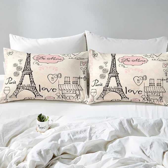 Feelyou Eiffel Tower Comforter Set Paris Tower Comforter for Girls Romantic Rose Chic Paris Bedding Set Paris Cityscape Printed Heart Love Duvet Set Room Decor Quilt King Boys
