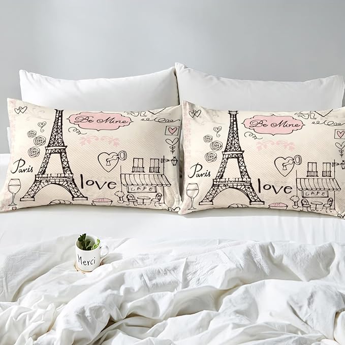 Feelyou Eiffel Tower Comforter Set King Paris Tower Comforter for Girls Romantic Rose Chic Paris Theme Bedding Set Paris Cityscape Printed Heart Love Duvet Set Room Decor Quilt Set Twin