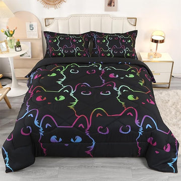 ENCOFT Cat Comforter Set Queen for Girls and Boys Premium 3 Piece Cats Bedding Set Black Comfortable and Breathable for Teens and Adults with 1 Comforter and 2 Pillowcases