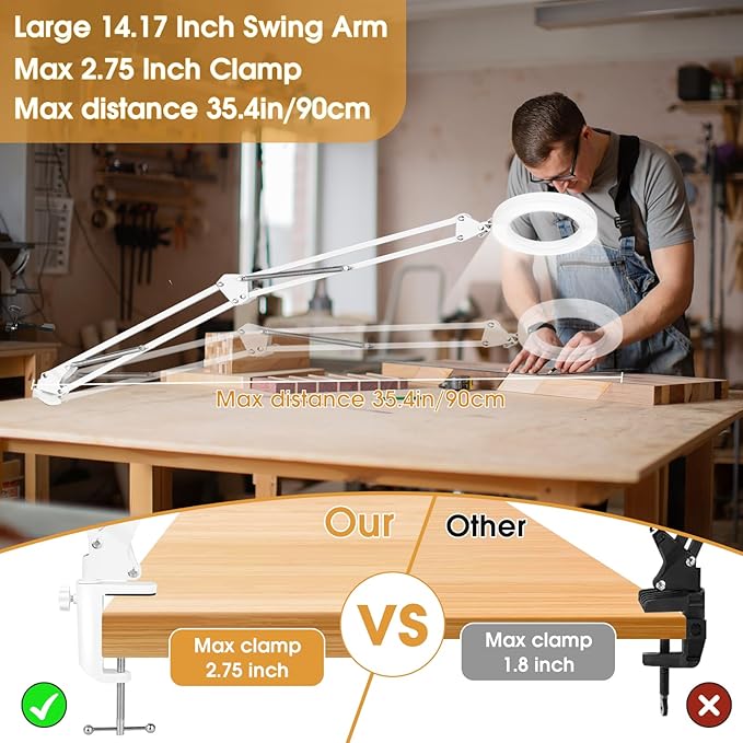 5X Magnifying Glass with Light and Stand, Desk Clip on Lamp for Reading Home Office, 48 LEDs USB Clip Ring Light with 3 Color Modes Clamp Light for Bed Headboard, Craft, Computer, Video Call