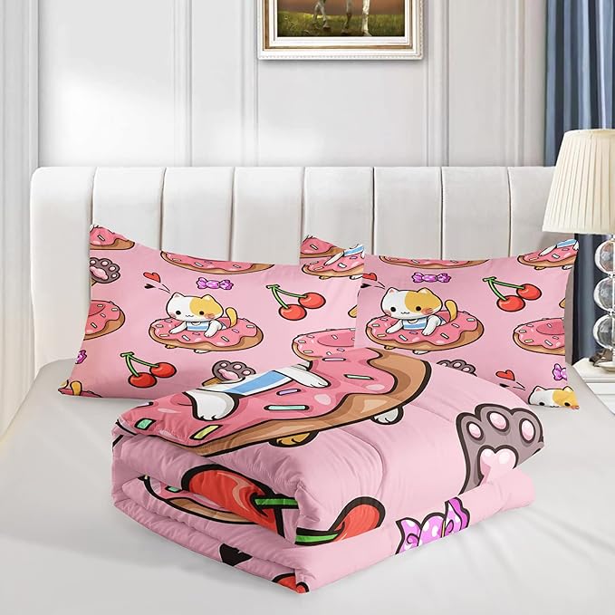 Kawaii Cat Comforter King Size,Doughnut Cherry Cat Comforter Set for Kids Teens Girls,3Pcs Bedding Set Printed Comforter with 2 Pillowcases,Soft and Lightweight(Pink，King Size)