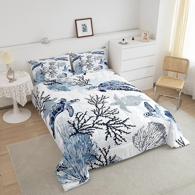 Turtle Comforter Set Queen,White Blue Hawaiian Turtle Bedding for Kids,Reptile Tortoise Quilt Duvet Set Coastal Beach Theme Comforter Retro Sea Turtle Bed Set for Boys Girls Bedroom Decor(Marine life)