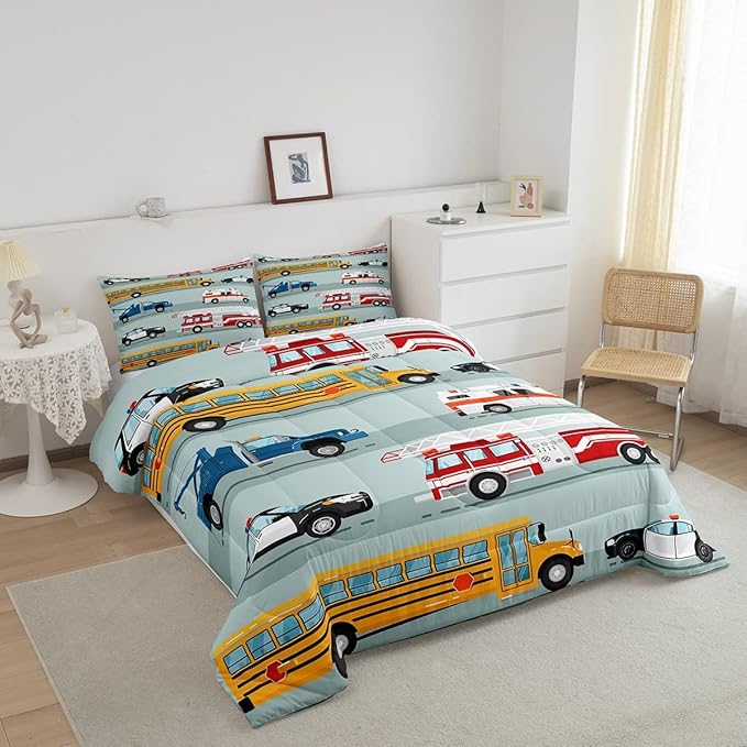 Erosebridal Fire Truck Comforter Set,Police Car Down Comforter Twin Size,School Bus Bedding Set for Kids Boys Teens Youth,Equipped Truck Cartoon Vehicle Quilt Duvet Insert Bedroom Dorm Decor 2 Pcs