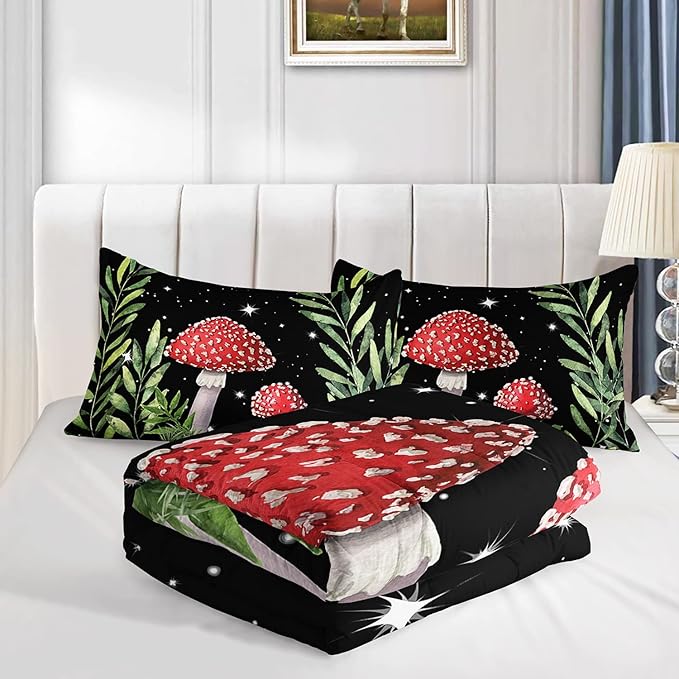 Galaxy Mushroom Comforter Set Twin Size Kids Mushroom Bedding Set Leaves Quilt Bed Set for Boys Girls Adults with 1 Comforter and 2 Pillowcases