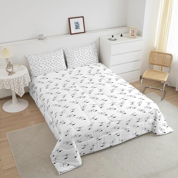 Feelyou Airplane Bedding Set King Size Flight Comforter Set for Kids Boys Girls Decor Vintage Aircraft Comforter Helicopter Flying Plane Blue and White Duvet Set Bedroom Quilt Set