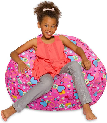 Posh Creations Bean Bag Chair for Kids, Teens, and Adults Includes Removable and Machine Washable Cover, Canvas Multi-Colored Hearts on Pink, 38in - Large