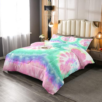 Erosebridal Kids Tie Dye Comforter Set, Bohemian Psychedelic Duvet Sets Twin Size for Girls Boys Teens Women Bedroom, Boho Gypsy Spiral Bedding Set Watercolor Trippy Duvet Insert, Pink Teal Blue