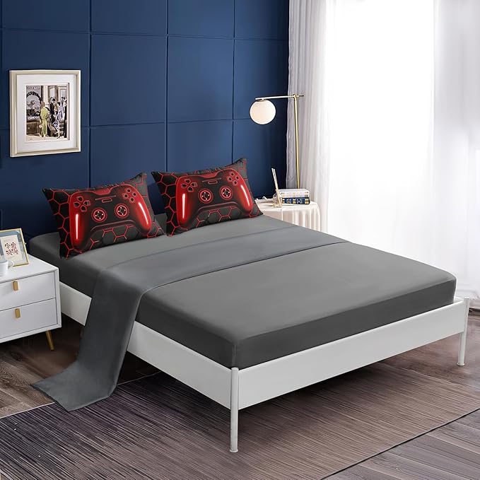 5 Pieces Bed in a Bag for Boys Bedding Sets Twin Size,Gamer Comforter Sets for Boys Kids, Gaming Comforter Set for Boys Room Decor with Flat Sheet,Fitted Sheet,Pillowcase,Cushion Cover