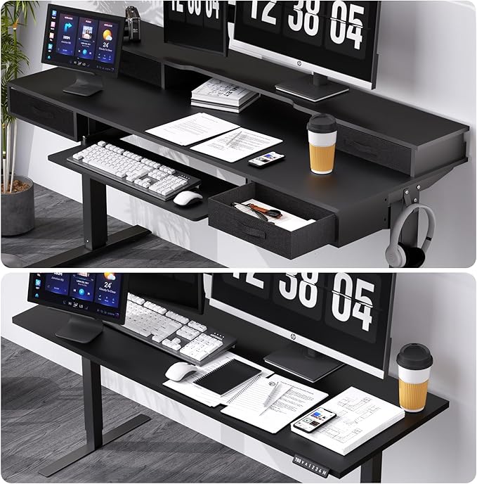 Electric Standing Desk, Multifunctional Standing Desk Adjustable Height, 63 * 24 Standing Desk with 4 Drawers, Ergonomic Adjustable Standing Desk with Keyboard Tray, Classic Black