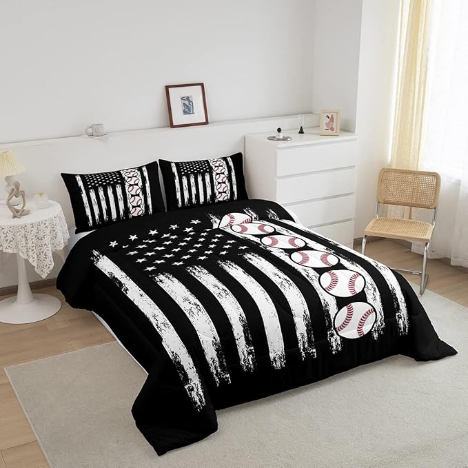 Baseball Comforter American Flag Comforter Set Kids Boys Baseball Sports Games Bedding Set Children Girls Teens Black and White Ball Microfiber Quilt Set Room Decor for All Season Full Size