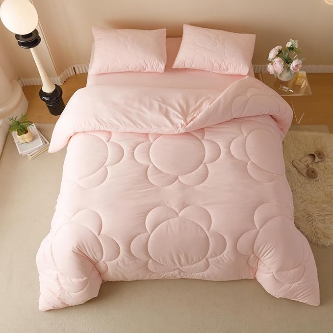 Pink Flower Comforter Full Pink Sunflower Print Bed Full Comforter Set 3 Pieces Dark Pink Floral Comforter Set for Boys Girls Teens Bedroom Decor All Season Hotel Quality Comforter Set