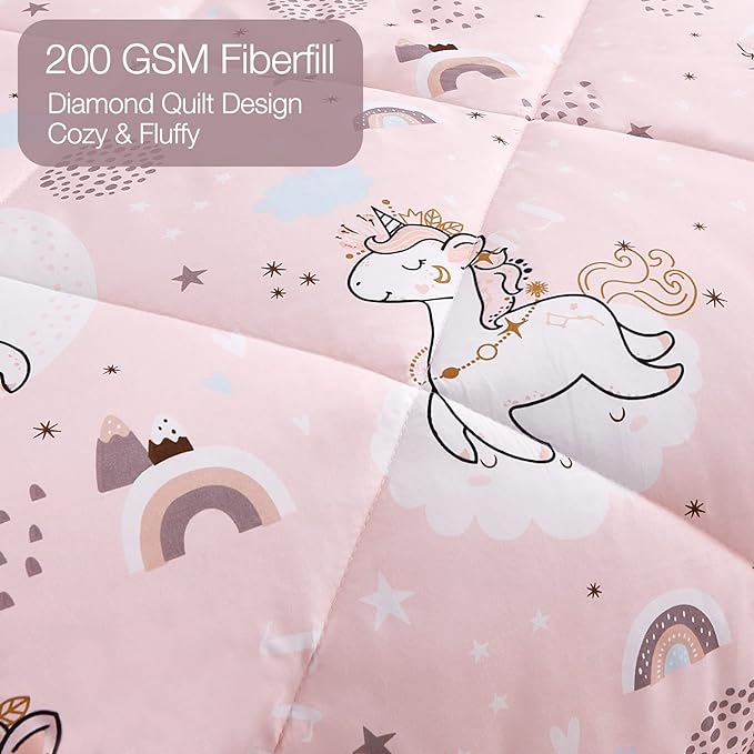 JSD Pink Unicorn Kids Comforter Set for Girls, 2 Pieces Twin Microfiber Comforter with Pillow Sham, Soft Comfortable Machine Washable