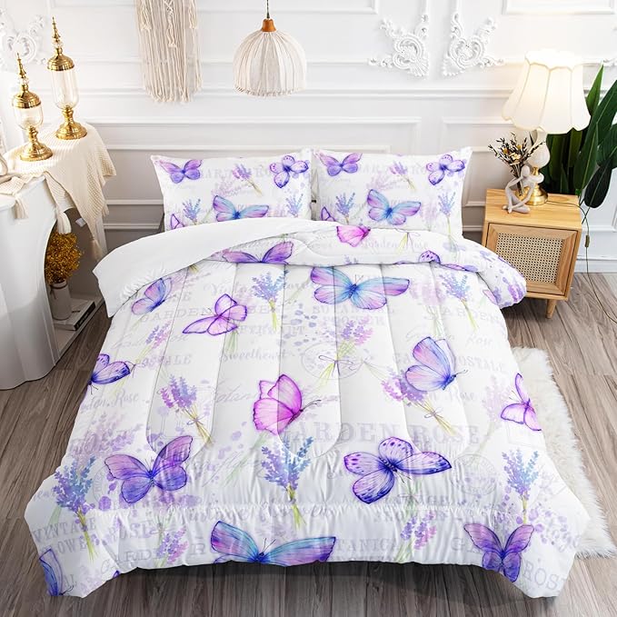 Purple Butterfly Comforter Set Twin Size for Girls Kids Adults Lavender Flowers Pattern Bedding Set Aesthetics Butterflies Quilt Bed Set with 1 Comforter and 2 Pillowcases