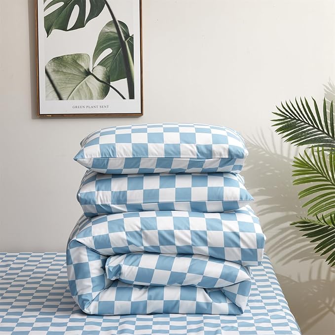 Blue White Grid Comforter Set King Blue Plaid Bedding Set Women Blue and White Checkered Bed Comforter Set Breathable Blanket Set Men Durable Bedding Comforter Set