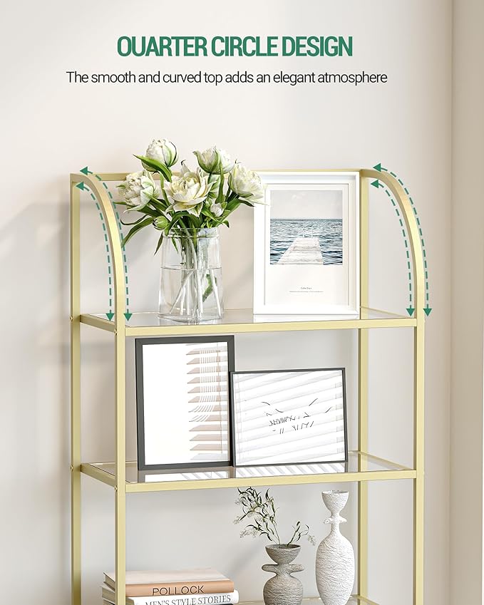 Bookcase Bookshelf, Tempered Glass Arched Bookshelf for More Storage, Slim Shelving Unit for Bedroom, Bathroom, Home Office, Steel Frame, Wide 6 Tier Gold BC22699G