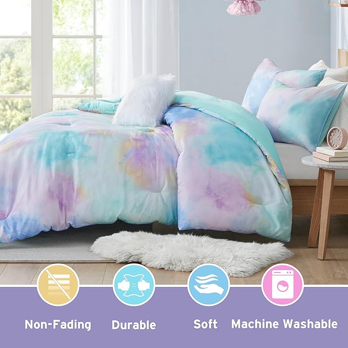 Intelligent Design King Size Comforter Set, Watercolor Queen Bedding Sets, Tie Dye Comforter Set for Teen Girl & Boys, 4 Pieces Cassiopeia Comforter, Sham, Throw Pillow King/Cal King Pink/Blue