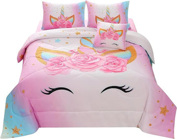 JQinHome Unicorn Full Bedding Sets for Girls Kids,6 Piece Bed in A Bag 3D Colorful Flower Girl Unicorn Comforter Set (1 Comforter,2 Pillowcases,1 Flat Sheet,1 Fitted Sheet,1 Cushion Cover)