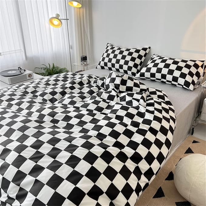 Wellboo Black White Plaid Comforter Sets Twin Women Men Black and White Checkerboard Grid Bedding Comforters Cotton Boys Girls Modern Black Checkered Geometric Quilts Luxury Abstract White Bedding