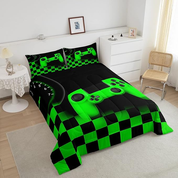 Gaming Bedding Set Queen Size Game Comforter Set for Boys Girls Kids Teens Soft Microfiber Green Modern Buttons Video Game Duvet Insert Gamer Room Decorative 3 Piece Bedding Set with 2 Pillow Shams