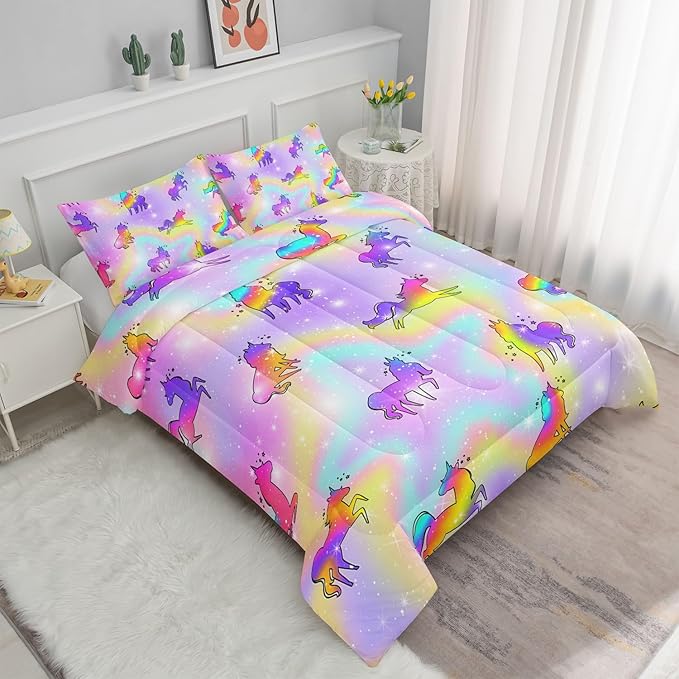 Datura home Unicorn Rainbow Comforter Bedding Set for Girls Kids Children Teens,Sky Glitter Star Colorful Bedding Set with 1 Comforter and 2 Pillowcases(Unicorn3 Twin)