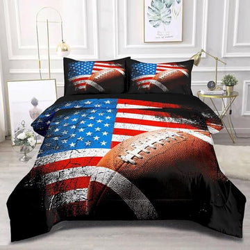 American Football Comforter Set for Boys Teens,Kids Sports Bedding Set Full Size,USA Flag Football Printed Bedroom Sets with 2 Matching Pillow Shams