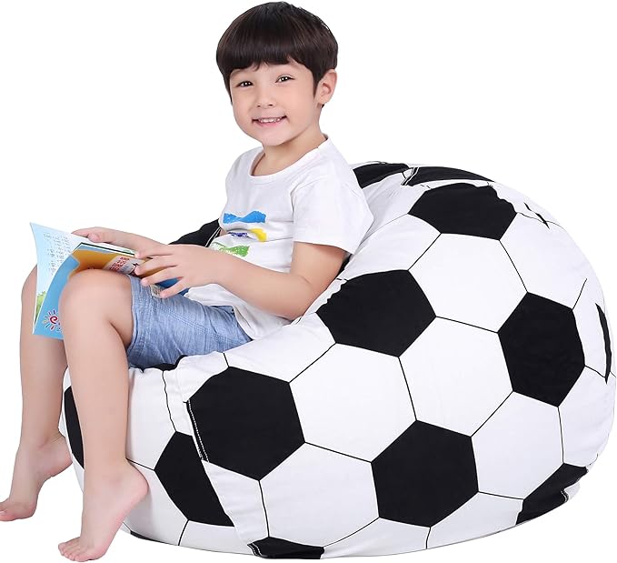 Lukeight Stuffed Animal Storage Bean Bag Chair Cover for Kids, Soccer Zipper Beanbag Chair Cover for Organizing Toddler & Kids' Rooms Plush Toys (Soccer, X-Large)