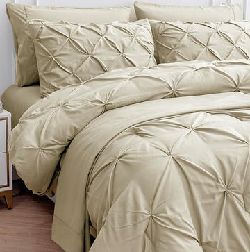 LANE LINEN Twin Comforter Set, 5 Piece Twin Size Bed in a Bag Sets, Pintuck Bedding Sets & Collections with Down Alternative Comforter, Sheets, Pillowcases & Shams, Ultra Soft Twin Bed Set - Linen
