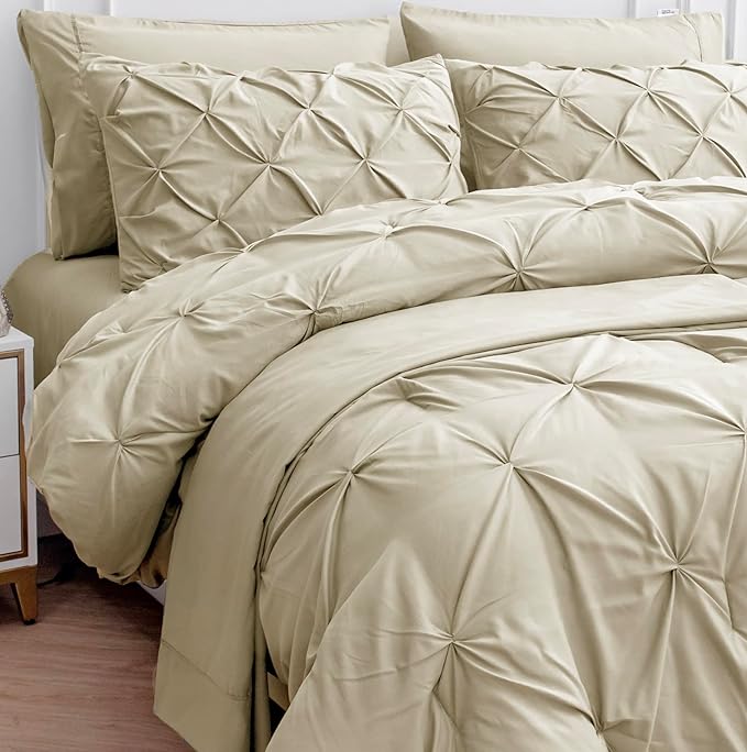 LANE LINEN California King Comforter Set, 7 Piece Cal King Bed in a Bag, Pintuck Cal King Bedding Set, Soft Cali King Bed Set, Cal King Bedding Comforter Sets with Sheets, Pillowcases & Shams - Linen