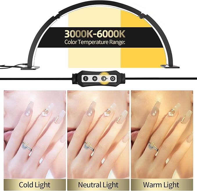 TwoWin Half Moon Light for Nail Desk, 29.5'' Foldable Half Moon Nail Tech Desk Lamp for Nails, Tattoo, Eyelash Extensions, Beauty, Arch Light for Nail Techs, Led Lash Light Nail Tech Lamp