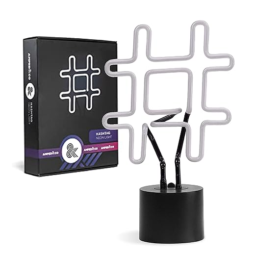 Amped & Co Neon Hashtag Symbol Desk Light, Real Neon, White, Large 8 x 13 inches, Home Decor Neon Signs led lights, neon lights for bedroom wall decors
