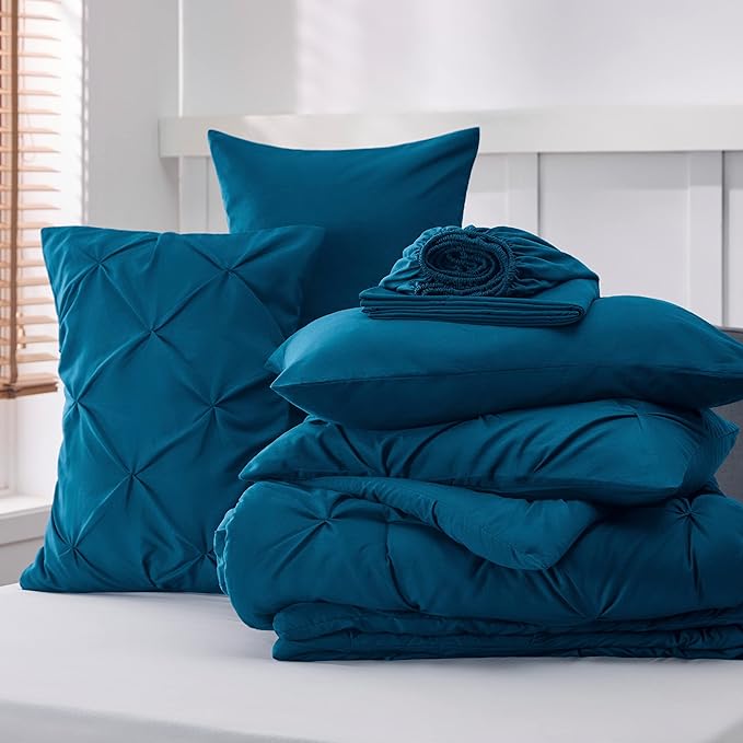 Bedsure Teal Comforter Set Queen - Bed in a Bag Queen 7 Pieces, Pintuck Bedding Sets Teal Blue Bed Set with Comforter, Sheets, Pillowcases & Shams