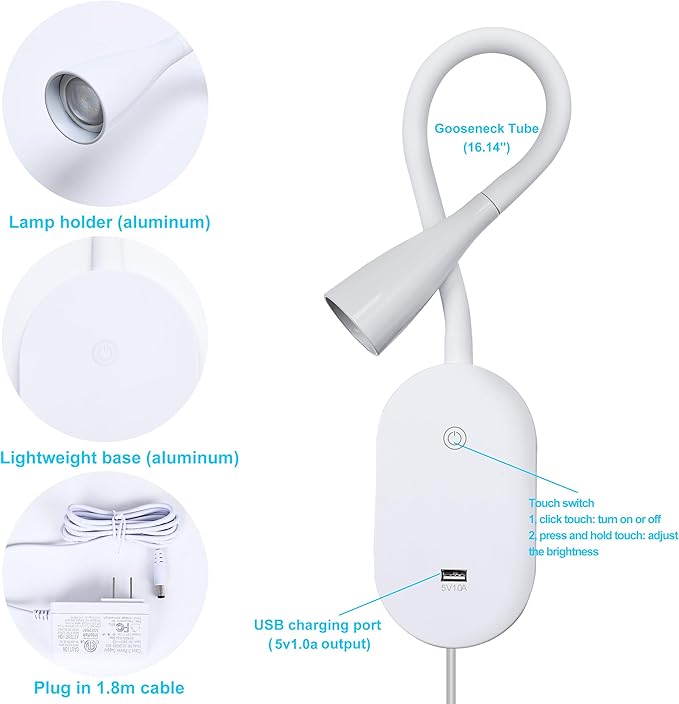 QinYing Reading Lights for Books in Bed, Wall Mounted Book Light for Reading in Bed, USB Charging 5 Dimming Levels Headboard Reading Lamp, Touch Control LED Flexible Gooseneck 4000k Bed Lights, White