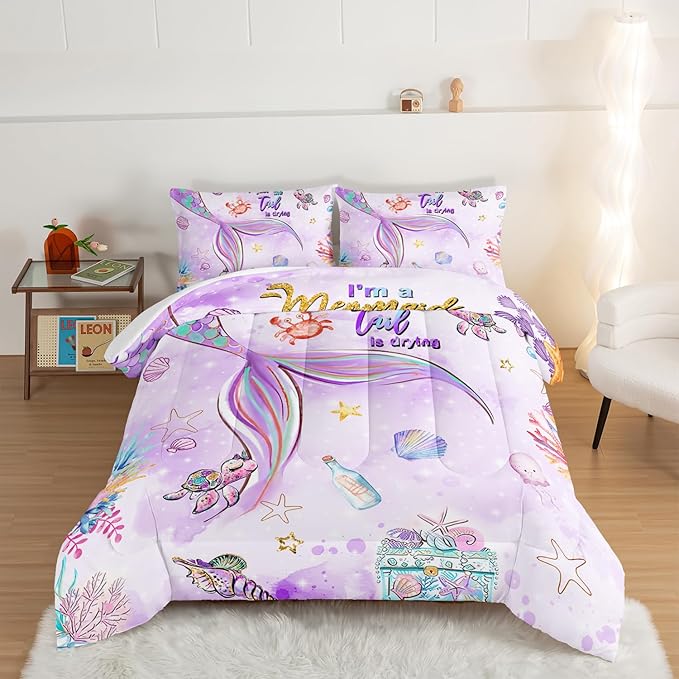 HOSIMA Kids Mermaid Comforter Set with 2 Pillowcases,Watercolor Ocean Life Sea Animal Mermaid Tail Pattern Bedding Set,Light Purpl Comforter for Teens Girls Women Bedroom Twin Bed in a Bag.