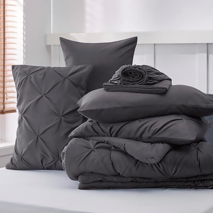 Bedsure Dark Grey Comforter Set Queen - Bed in a Bag Queen 7 Pieces, Pintuck Bedding Sets Dark Grey Bed Set with Comforter, Sheets, Pillowcases & Shams