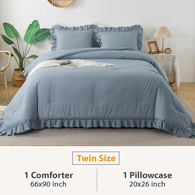 Andency Grayish Blue Twin Size Comforter(66x90Inch), 2 Pieces(1 Ruffle Comforter and 1 Pillowcase) Solid Farmhouse Shabby Chic Comforter, Lightweight and Soft Microfiber Bedding Set for All Season