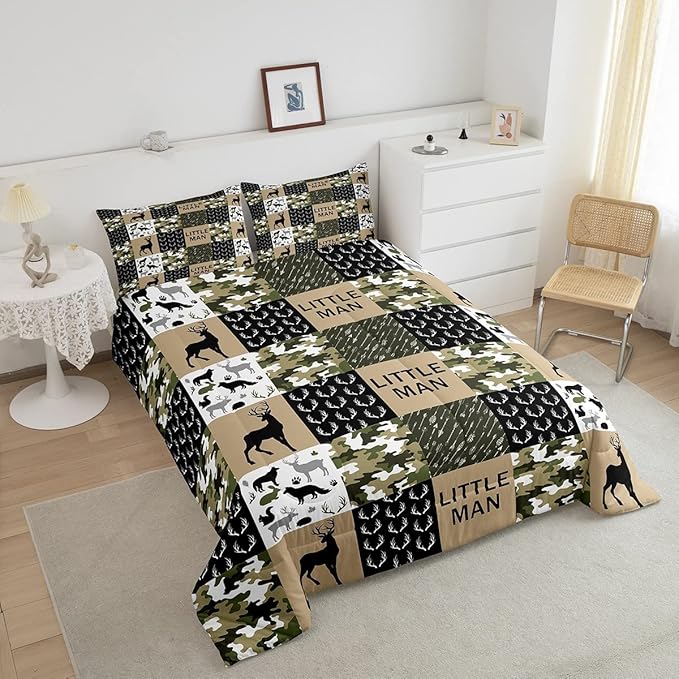 Manfei Deer Antlers Animals Silhouette Comforter Set Twin,Camo Geometric Checks Bedding Set 2pcs for Kids Adults Room Decor,Nordic Boho Arrow Quilt Set,Vintage Green Duvet Insert with 1 Pillowcase