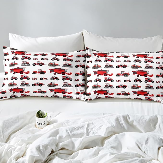 Erosebridal Red Tractor Comforter Set Twin Size Heavy Equipment Truck Down Comforter Kids Boys Girls Teens Harvester Tractor Bedding Set Construction Excavator Farm Equipment Quilt Set