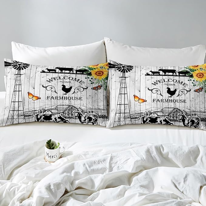 Erosebridal Windmill Bedding King Size, Rustic Farmhouse Comforter Set Retro Vintage Windmill Bedding Comforter Sets, Wooden Planks Barn Door Down Comforter with 2 Pillowcases for All Season