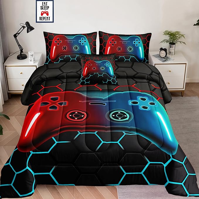 6 Pieces Bed in a Bag for Boys Bedding Sets Queen Size,Gamer Comforter Sets for Boys Kids, Gaming Comforter Set for Boys Room Decor with Flat Sheet,Fitted Sheet,Pillowcase,Cushion Cover