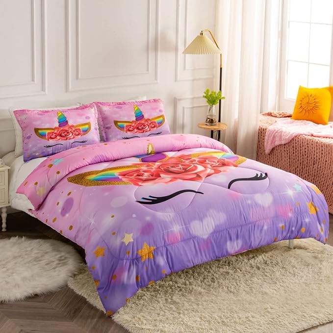 Unicorn Twin Bedding Sets for Girls Kids Comforter Set Twin Size with 2 Pillowcases Purple Unicorn Room Decor for Girls Bedroom Ultra Soft Machine Washable Toddler Bed Set