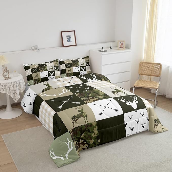 Camo Deer Kids Comforter Set Full Size,Deer Antlers Rustic Hunting Arrows Bedding Set,Girls Boys Adults Cabin Decor,Geometric Plaids Patchwork Down Comforter,Camo Country Duvet Insert,2 Pillowcases