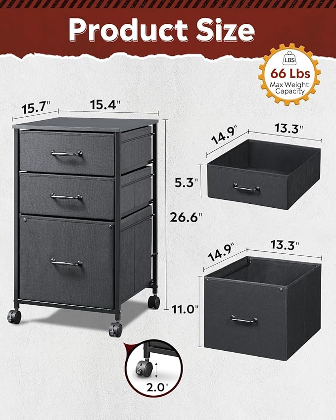 DEVAISE Mobile File Cabinet, Rolling Printer Stand with 3 Drawers, Fabric Vertical Filing Cabinet fits A4 or Letter Size for Home Office, Black
